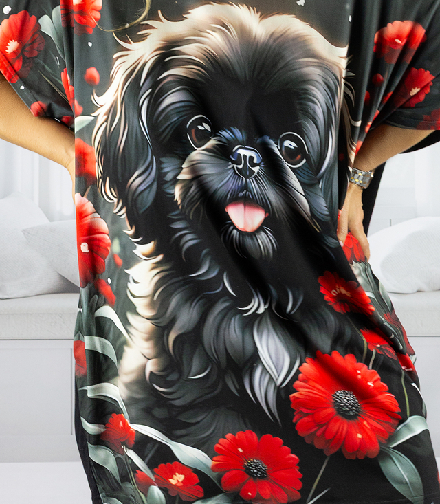 Black tunic dress with colorful print and pockets PERLA