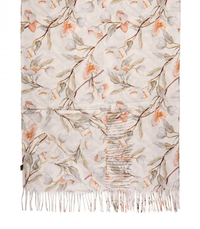 Szal damski z motywem drobnych kwiatów frędzle