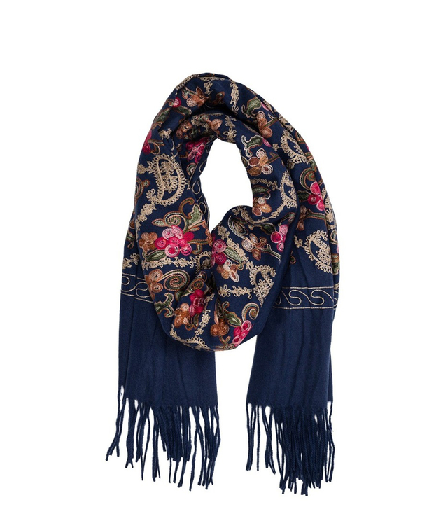 Women's folklore scarf with flower motif and tassels