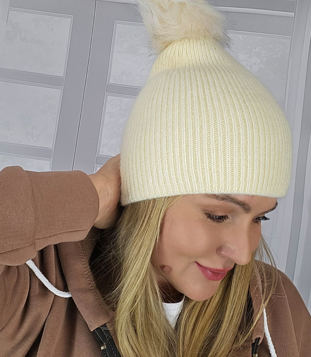 Warm women's beanie with pompon winter autumn ribbed monochrome hat