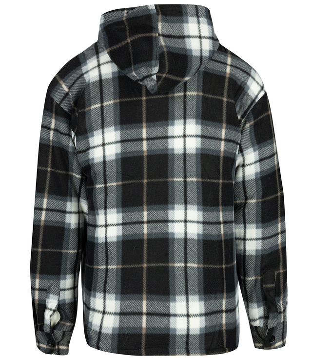 Warm fleece men's plaid shirt with hood insulated with faux fur