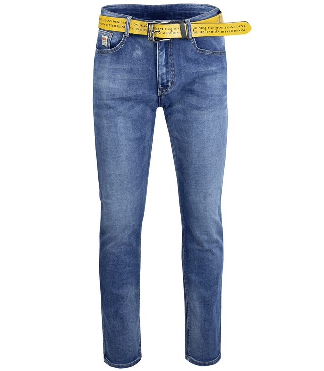 Klasyczne spodnie męskie jeansy z żółtym paskiem