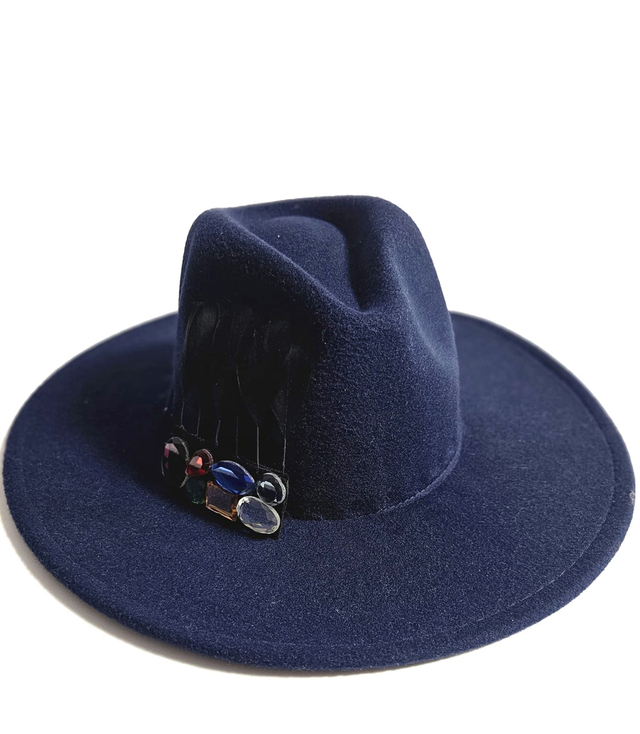 Elegant women's fedora hat with decorative brooch with colored zircons