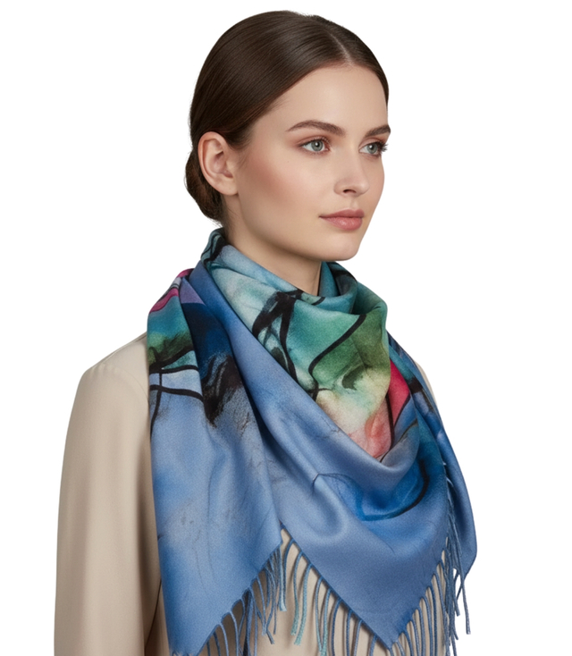 Abstract shawl scarf multicolored elegant with tassels