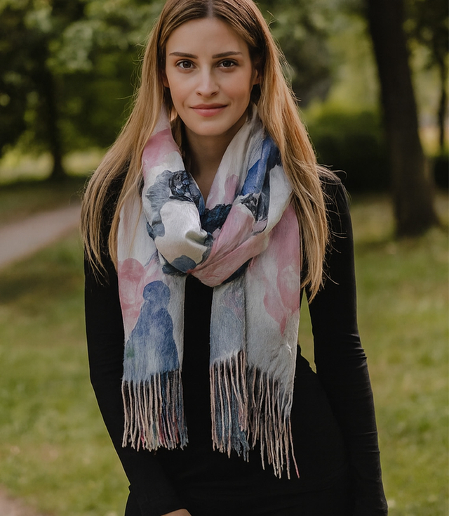 Women's scarf with floral motif and tassels elegant