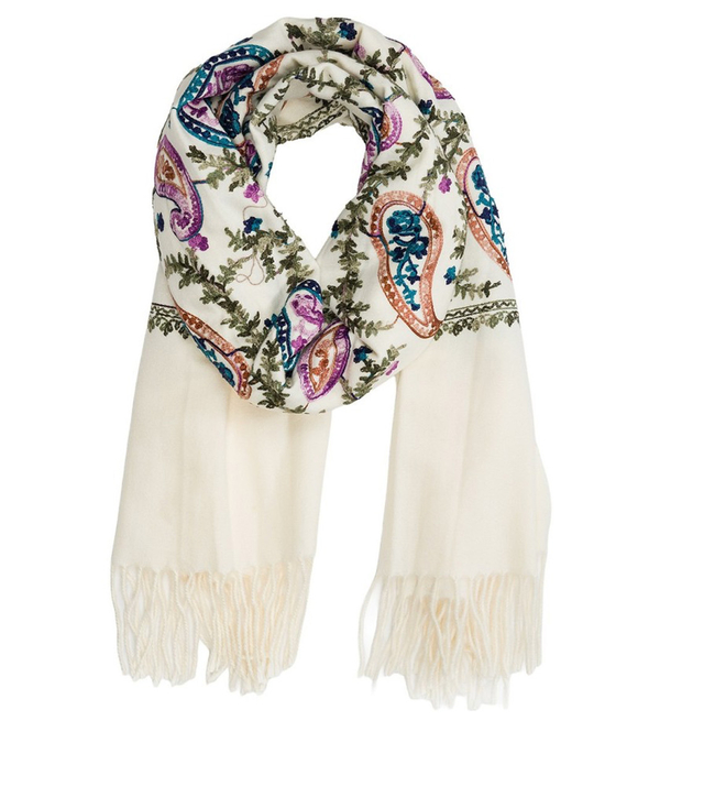 Women's scarf with embroidered pattern and tassels