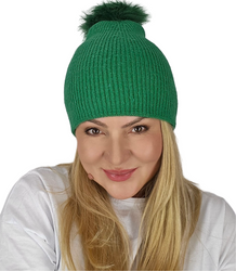 Warm women's beanie with pompon winter autumn ribbed monochrome hat