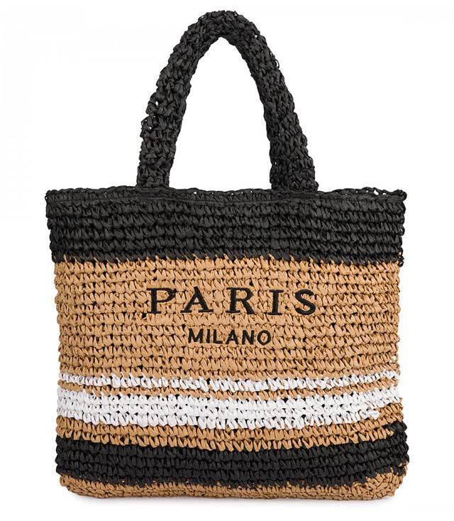 Large plaid shuttle bag with horizontal stripes with PARIS lettering