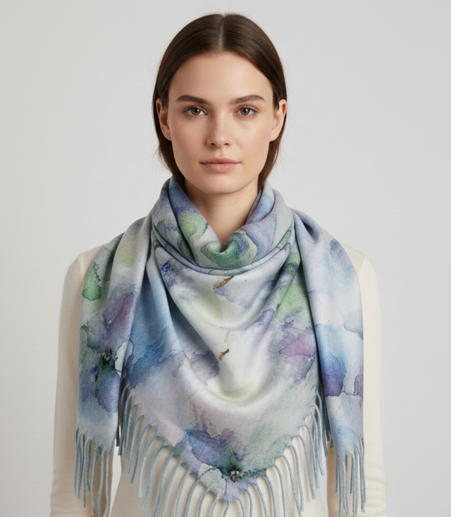 Delikatna elegancka kobieca chusta szal z frędzlami