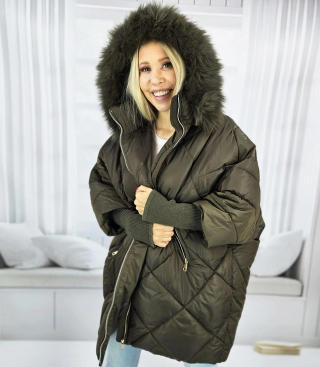 Warm womens winter quilted jacket with a hood and fur NASTY