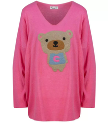 Thin oversize v-neck sweater with a teddy bear