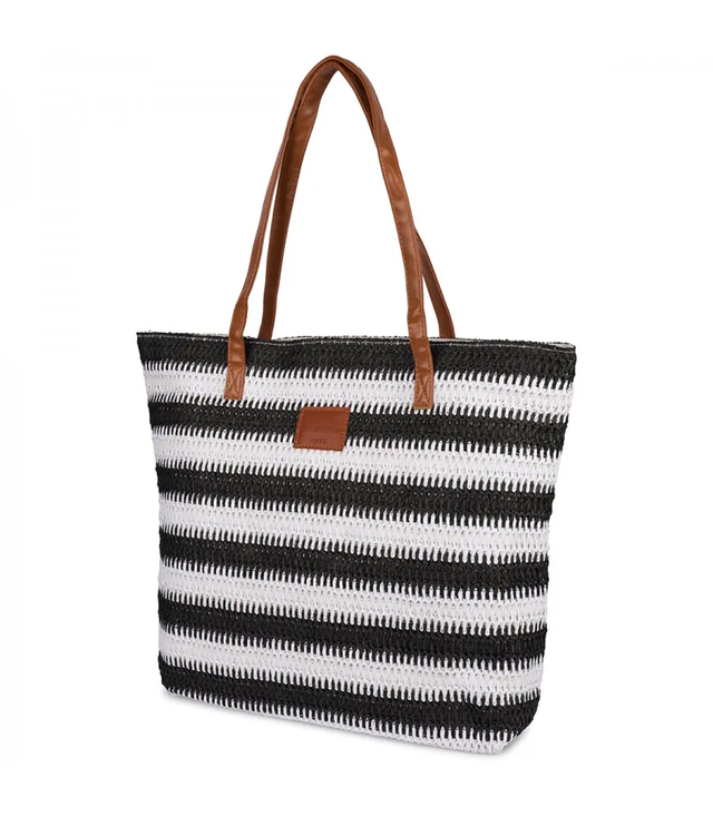 Large braided striped shoper bag with zipper closure