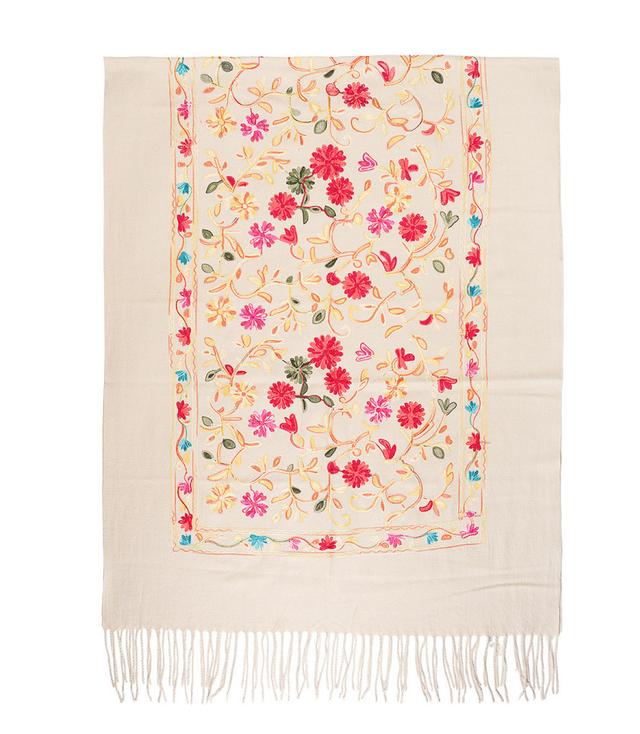 Women's folklore scarf with flower motif and tassels