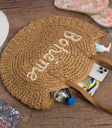 Round braided boho handbag with "Bohème" lettering