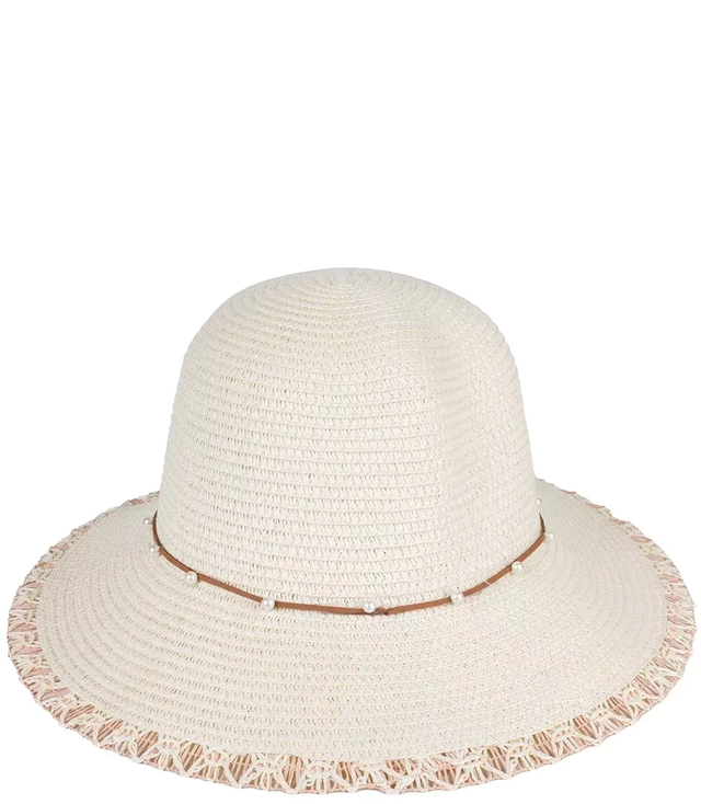 Women's straw hat with a strap with pearls