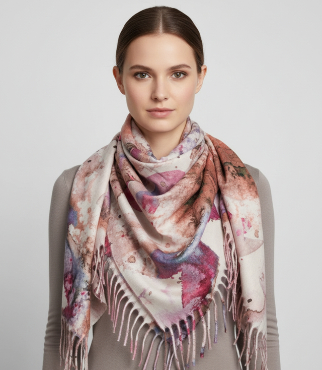 Women's scarf with watercolor delicate pattern and tassels