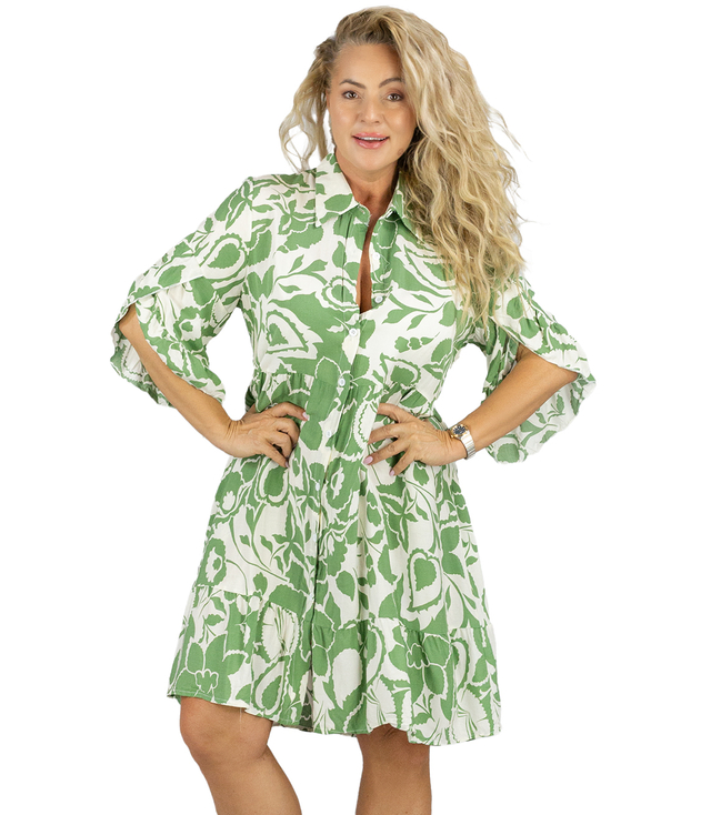 Loose midi dress with frills in all over print CLARA