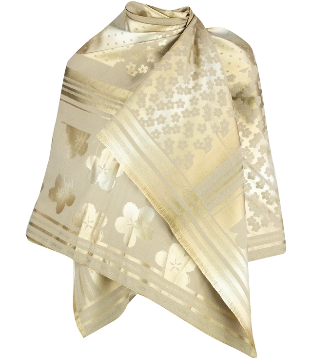 Elegant double-sided scarf with gold thread and floral pattern