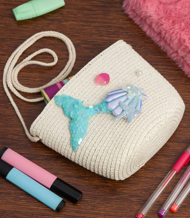 Children's Straw Handbag with Mermaid Tail and Shells