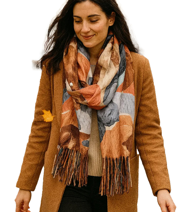 Women's scarf with floral motif and tassels elegant