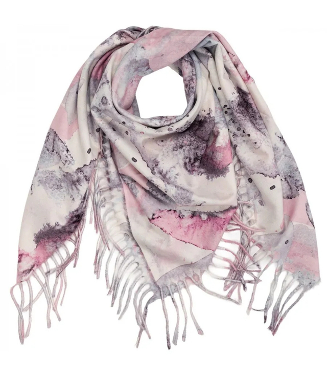 Women's scarf with watercolor delicate pattern and tassels