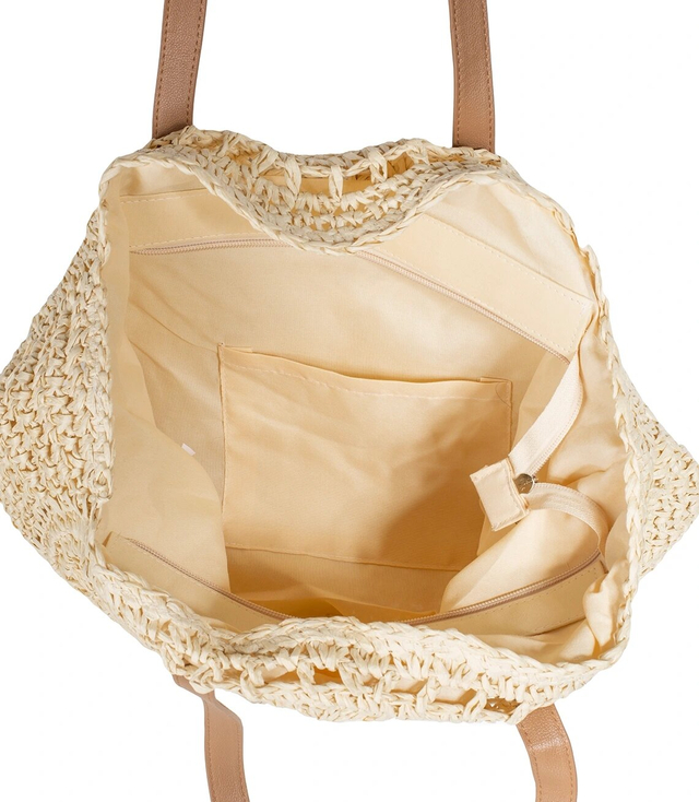 Large round straw beach bag, woven with an openwork pattern