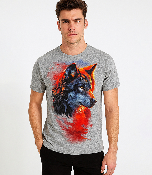 Koszulka męska t-shirt z dużym nadrukiem wilka bawełna
