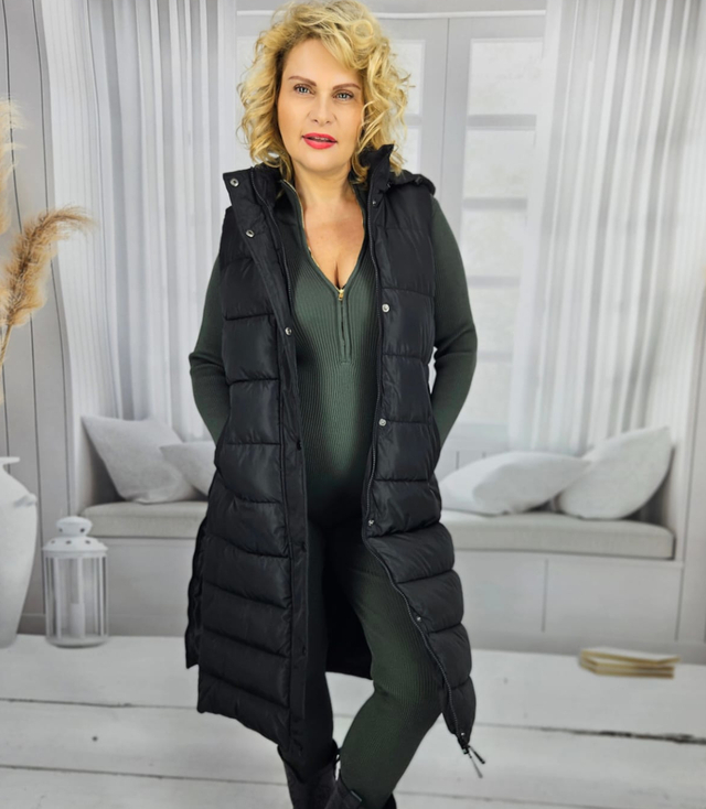 Women's long sleeveless quilted vest with hood TORI