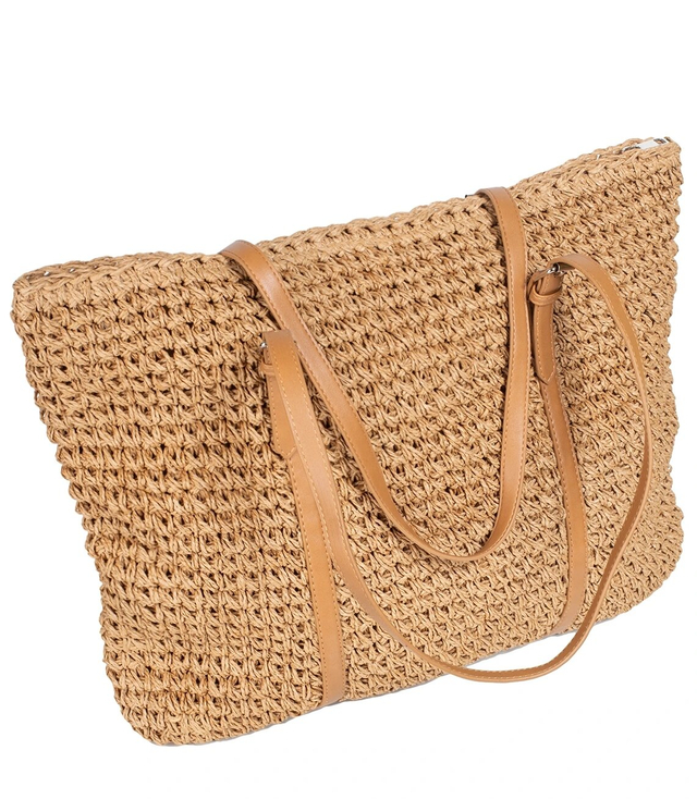 Large rectangular straw beach bag with eco-leather handles