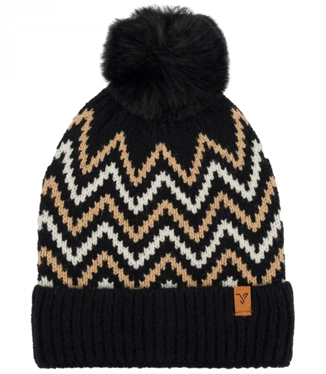 Warm women's cap with pom-pom zigzag pattern autumn winter