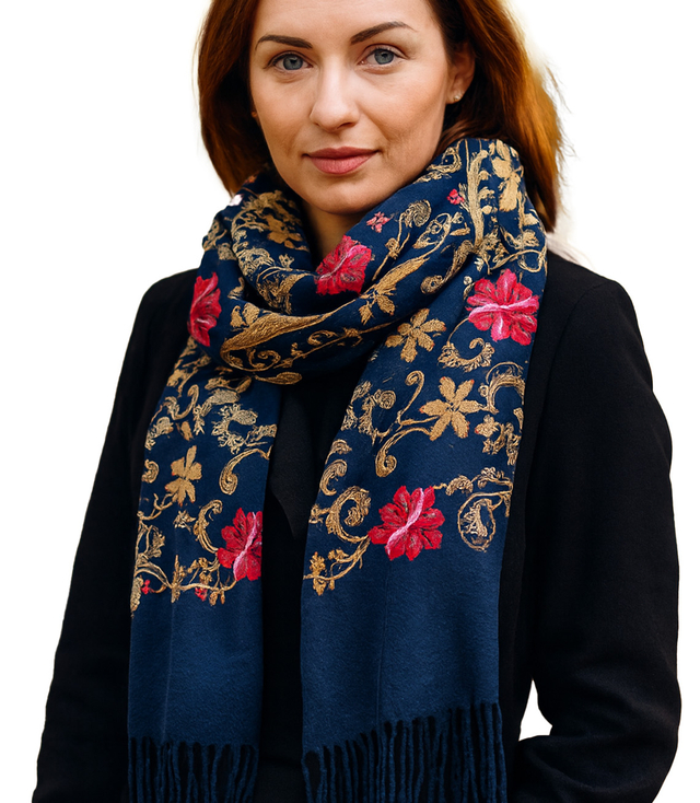 Women's folklore scarf with flower motif and tassels