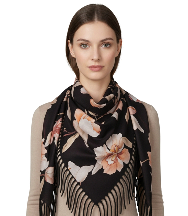 Elegant floral shawl scarf with tassels