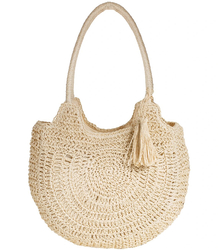 Large round straw beach bag, fully woven