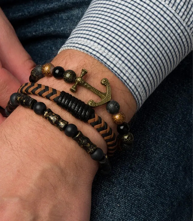 Set of men's bracelets natural stone with anchor