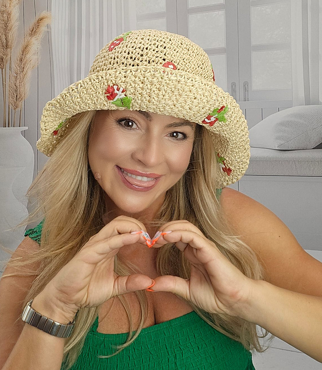 Women's summer straw hat with embroidered strawberries BUCKET HAT 
