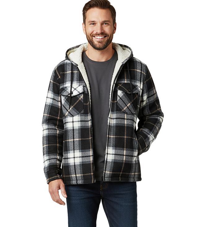 Warm fleece men's plaid shirt with hood insulated with faux fur