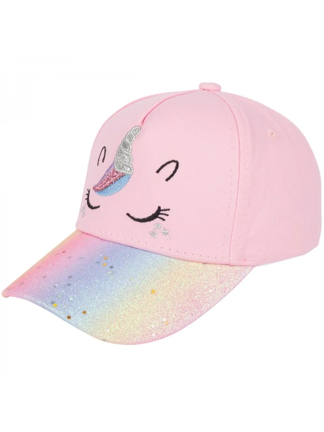 Children's baseball cap decorated with rainbow glitter and unicorns