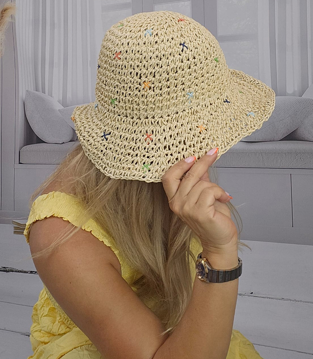 Women's summer hat made of braided raffia with colorful embroidery BUCKET HAT 
