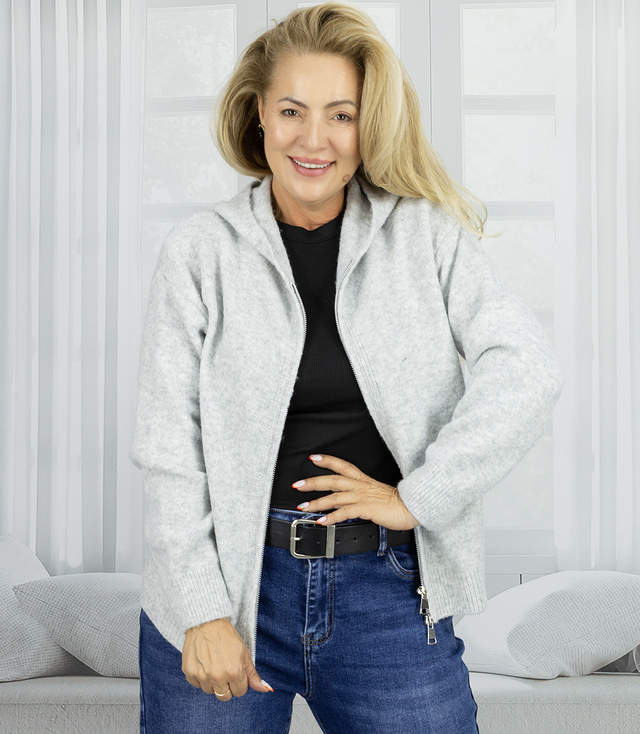 Short unzipped hooded cardigan sweater with zipper NORA