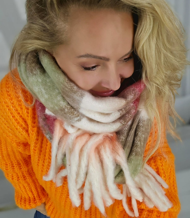 Warm scarf, stripes, fluffy knitwear