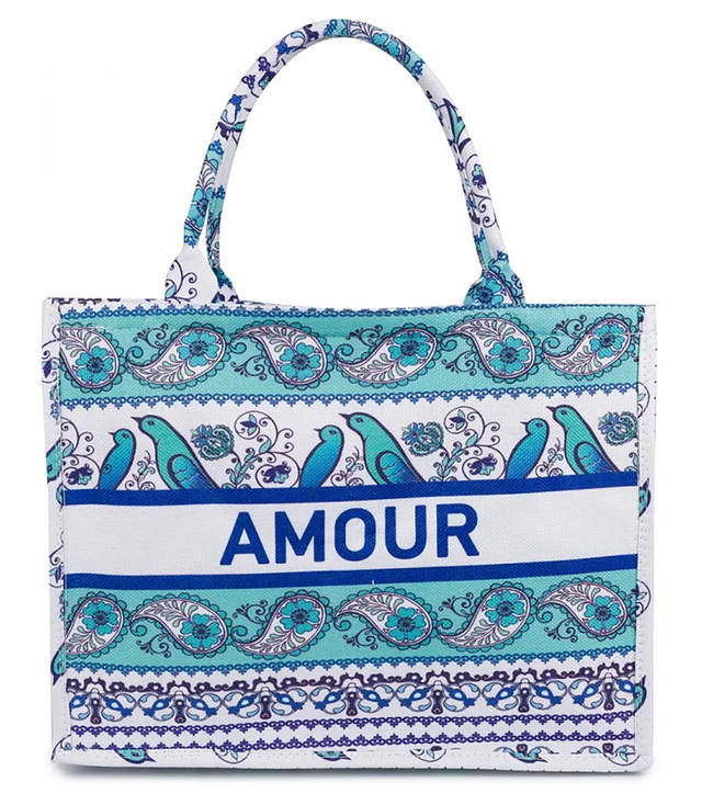 Large colorful shopper bag with AMOUR lettering