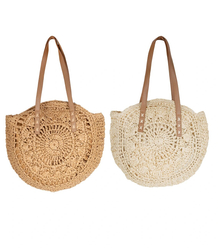 Large round straw beach bag, woven with an openwork pattern