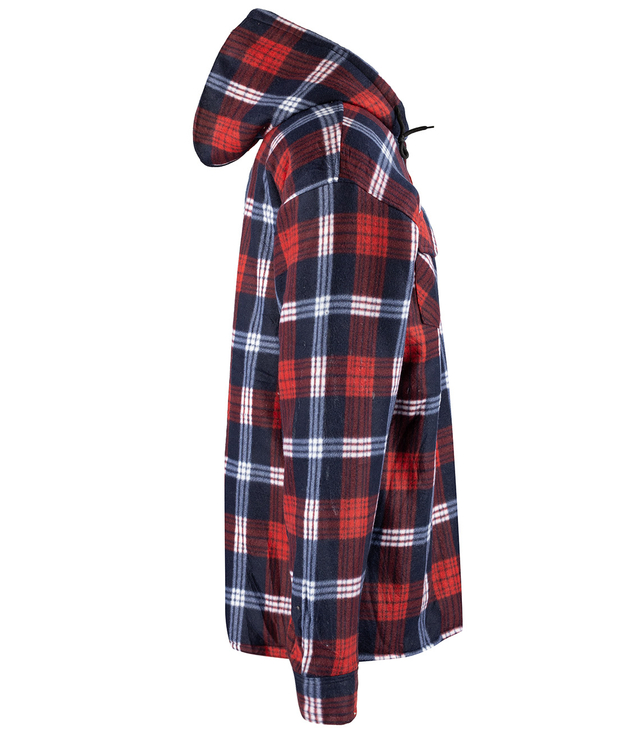 Warm fleece men's plaid shirt with hood insulated with faux fur