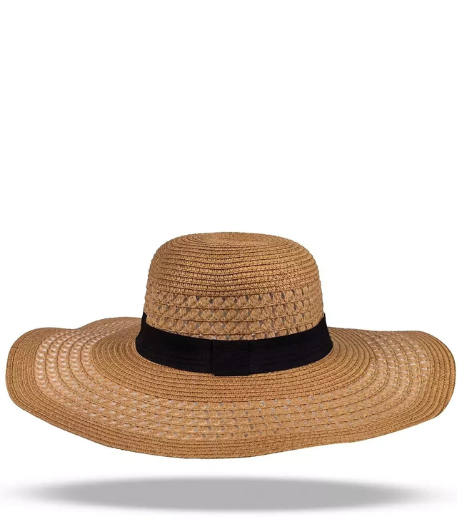 Fashionable large women's straw hat with black ribbon