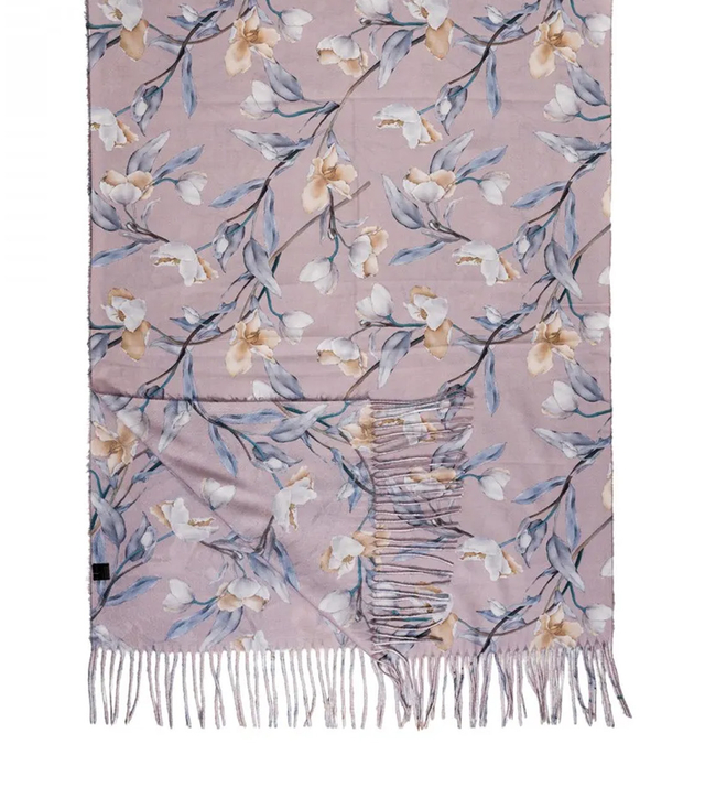 Women's scarf with a motif of small flowers tassels