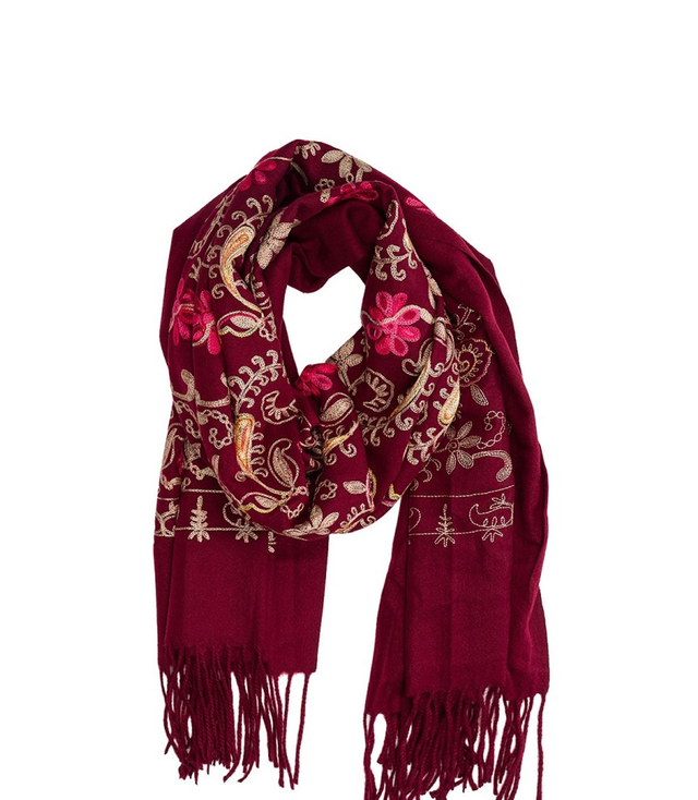 Szal damski folklorowy z motywem kwiatów i frędzlami