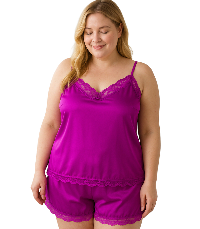 Satin pajama set with lace shorts top petticoat