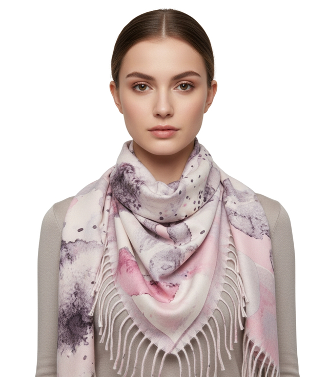 Women's scarf with watercolor delicate pattern and tassels