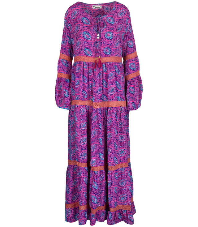 Long, airy ethnic dress with colorful patterns, MILANO silk