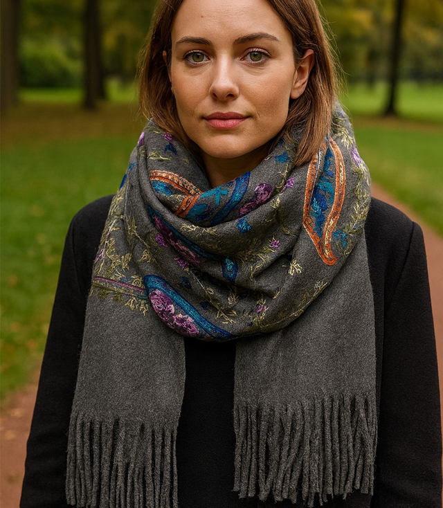 Women's scarf with embroidered pattern and tassels